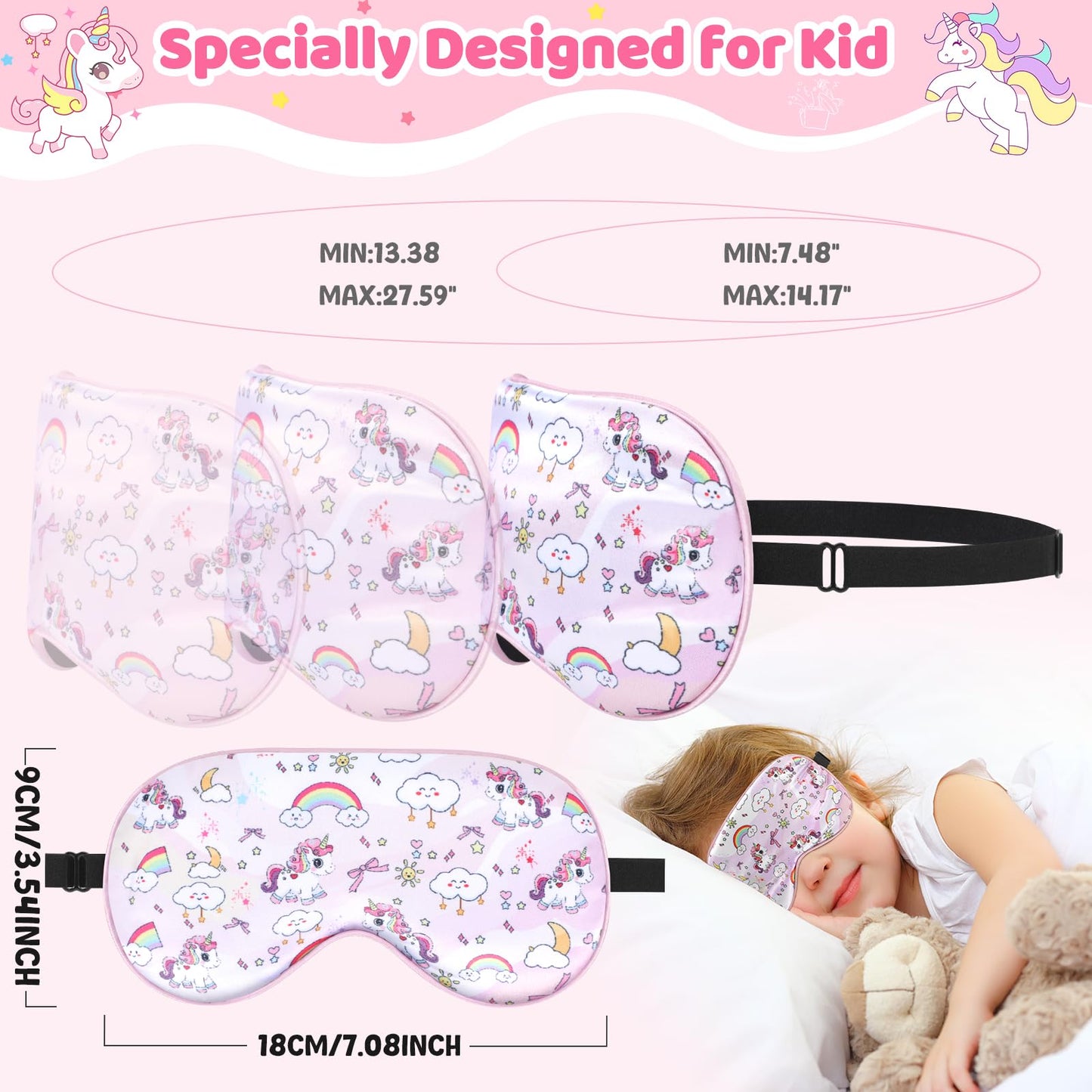 2 Pcs Sleep Mask for Kids Girls, Silk Eye Covers for Sleeping, Adjustable Strap & Light Blocking Design, Children's Bedtime Blindfold for Travel and Home Use (Rainbow Unicorn)