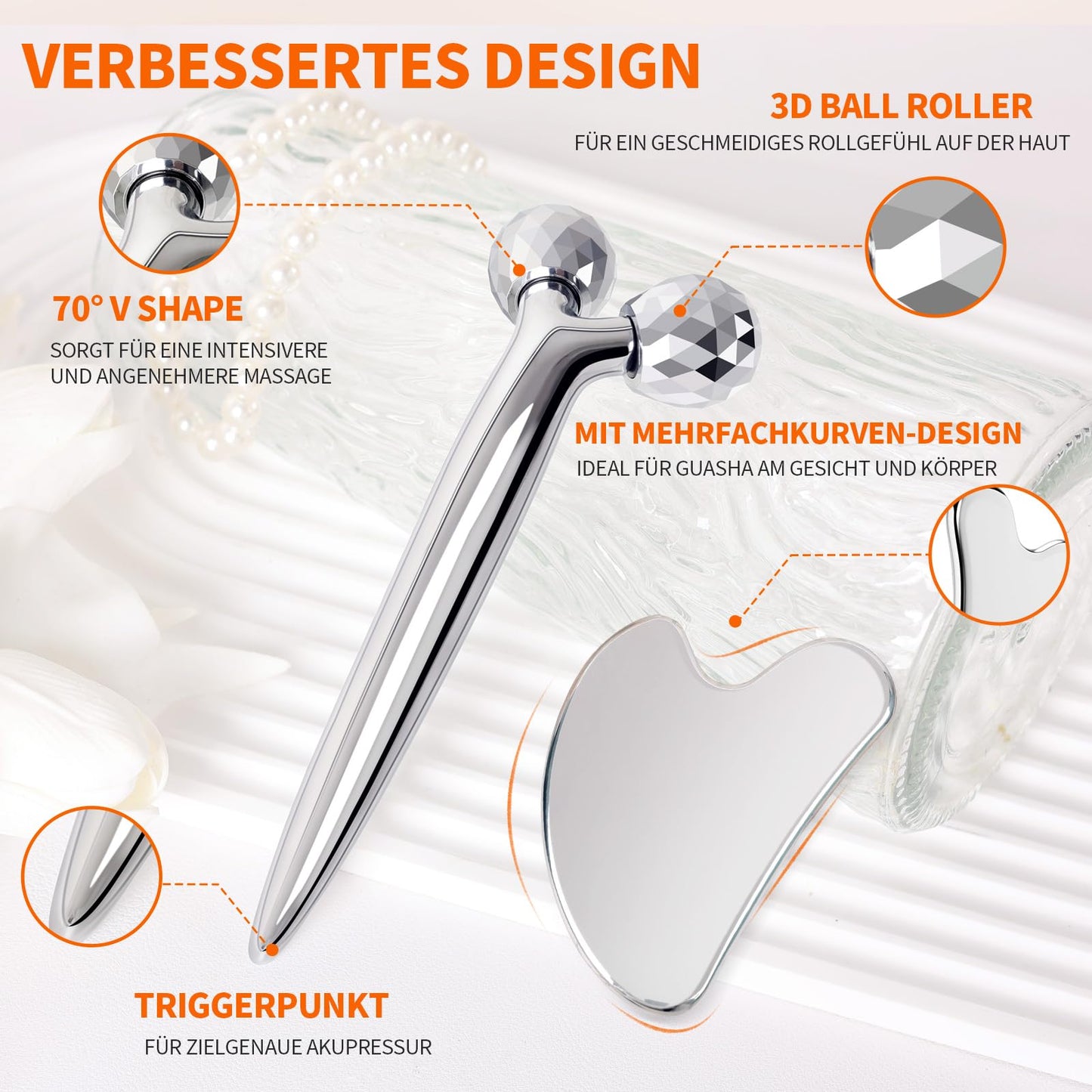 InfiniteRelax 3D Gua Sha Facial Tools Metal Face Roller Stainless Steel Gua Sha Set Cooling Massage Tools for Reduce Puffiness, Firm Skin, Anti-Aging Care - Daily Facial Sculpting Gift for Women