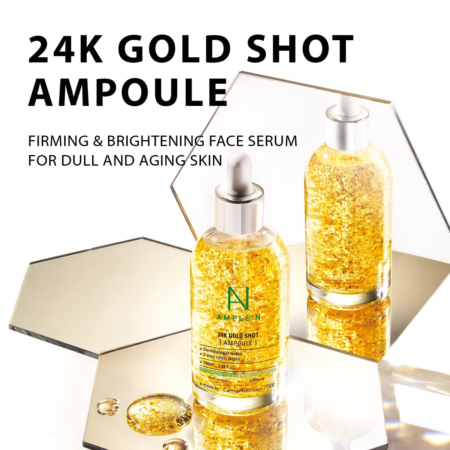 AMPLE:N 24k Gold Shot Serum - Korean 24K Gold Anti Aging Serum – Erasing Wrinkles and Fine Lines with Collagen & Peptides – Evens Skin Tone for Dull and Saggy Skin - 3.38 fl.oz.