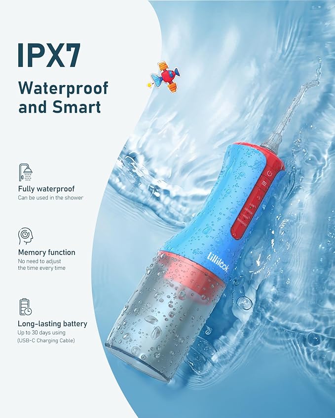 Kids Water Flosser Blue, Rechargeable Oral Irrigator for Kids Aged 6+, 4 Modes, 3 Jet Tips, Fun Stickers, Safe and Gentle Oral Care