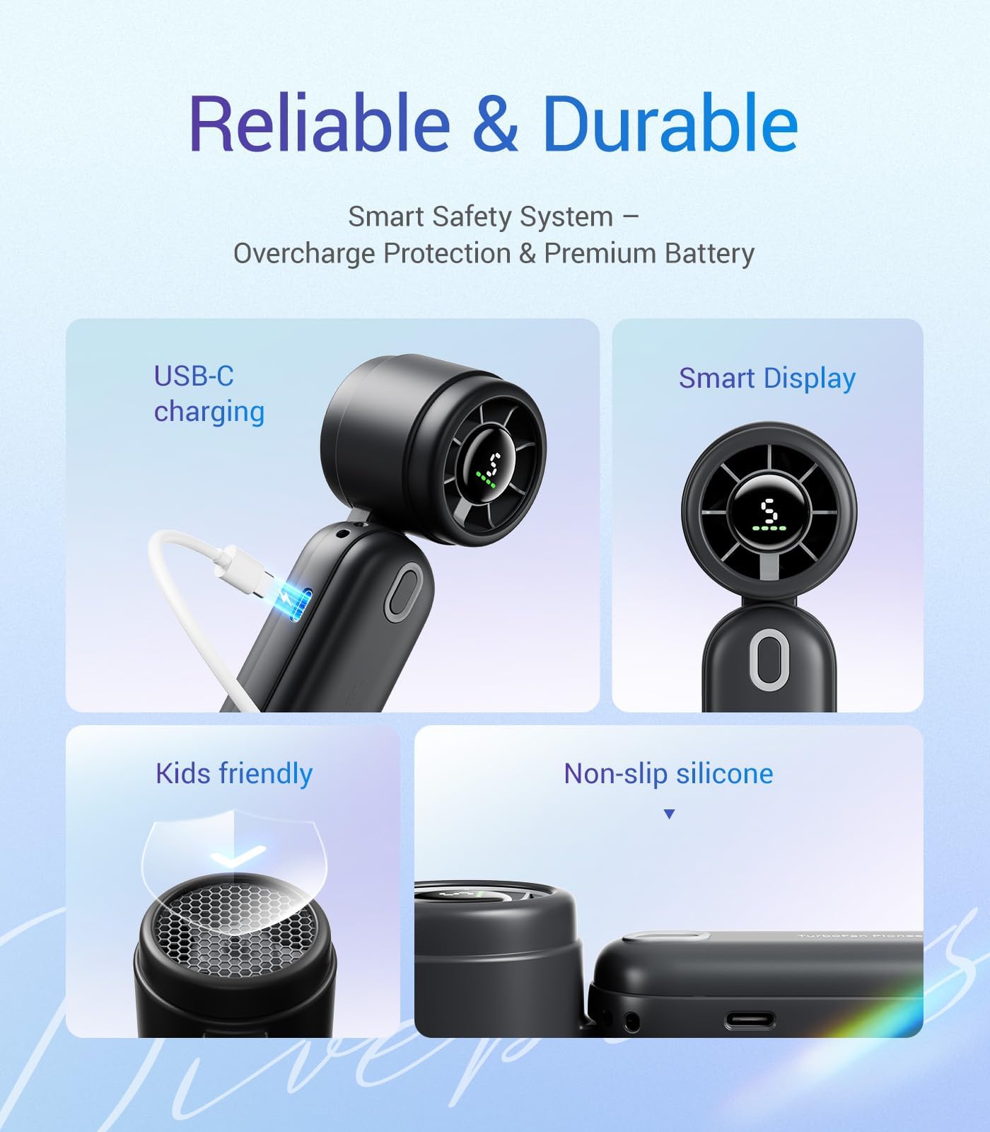 Diveblues iTurbo Portable Handheld Turbo Fan, 5 Gear High Speeds, Foldable Rechargeable Mini Hand Fans, Led Display,Powerful Turbo Airflow, 12-Hrs Cooling Small Fan Travel Essentials Beach Women Gifts