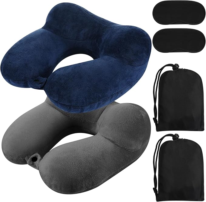 Sintuff 2 Pack Inflatable Travel Pillow for Airplanes Inflatable Neck Flight Pillows with Compact Bag and Blindfold for Traveling, Airplane, Train, Car, Office (Blue and Dark Gray)