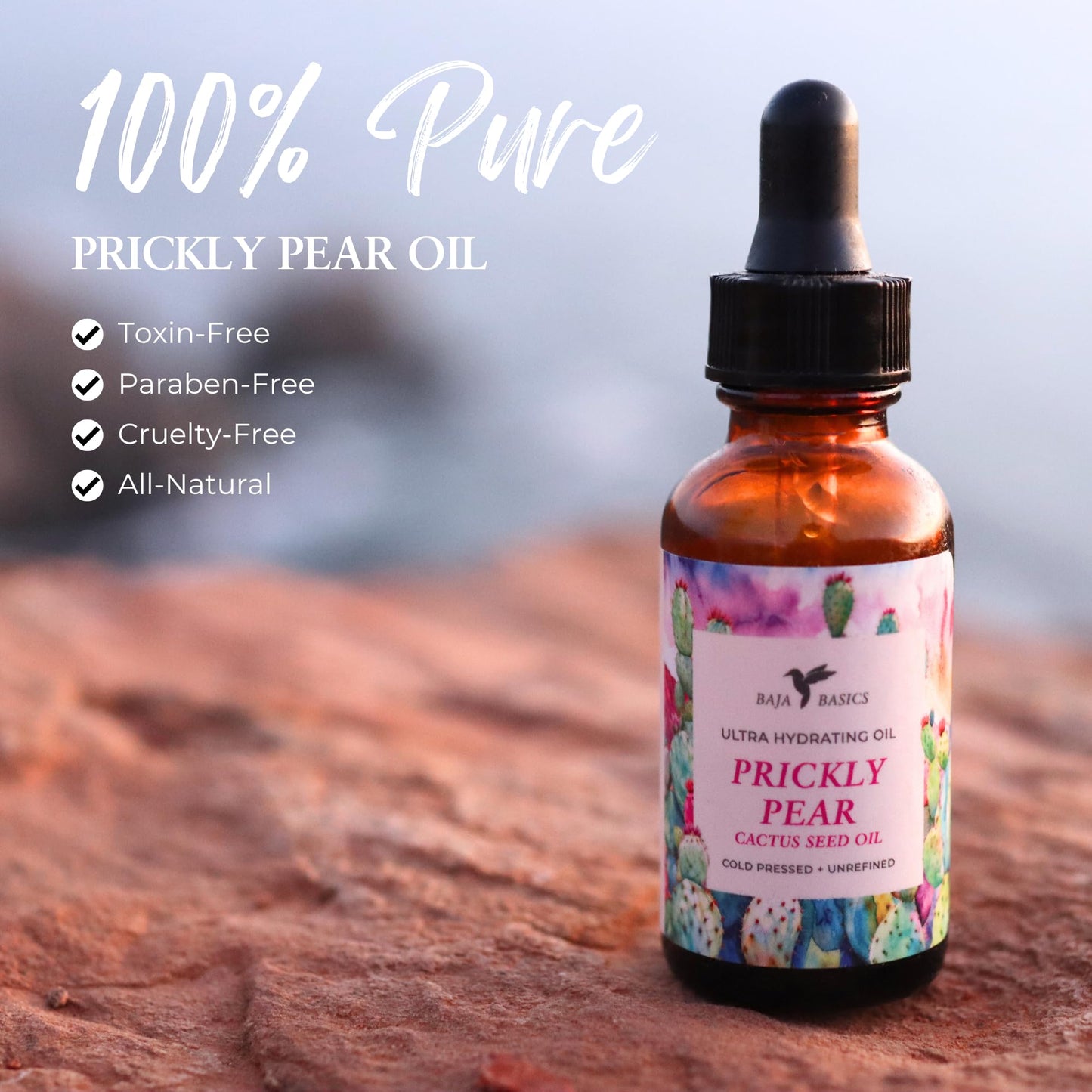 Baja Basics Prickly Pear Seed Oil Cold Pressed, Pure, Unrefined Moisturizer for Skin, Face, Body, Nails and Hair - Multi-Purpose Beauty Product For Men and Women - 1 oz Bottle