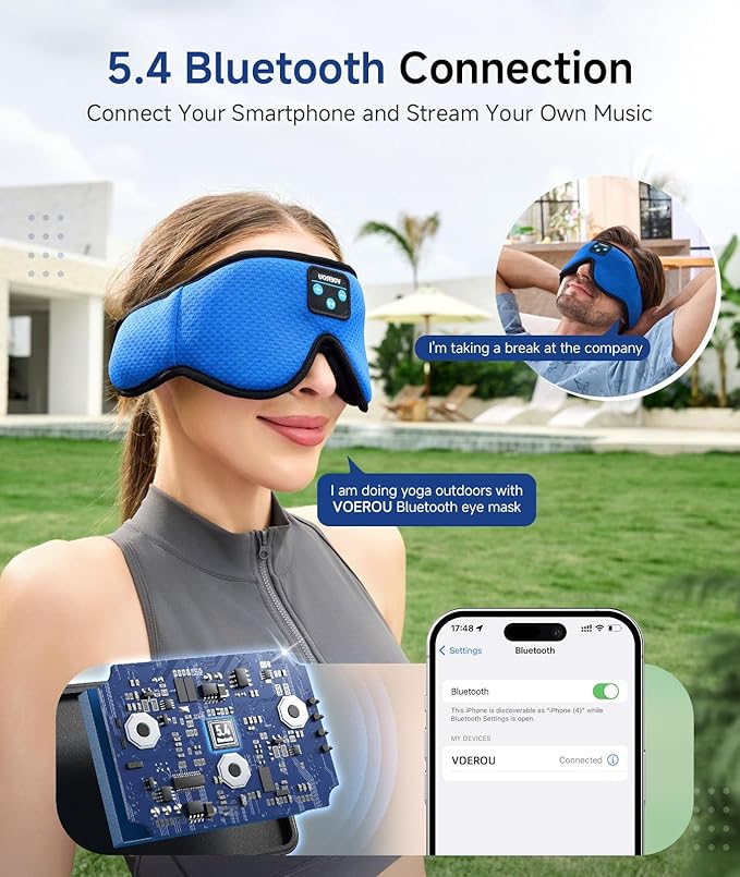 Voerou Sleeping Headphones 3D Eye Mask, Sleep Mask Bluetooth Headphone with Ultra-Thin Stereo Speakers, Sleep Headphones for Side Sleepers Office Nap Air Travel Meditation Gifts for Unisex