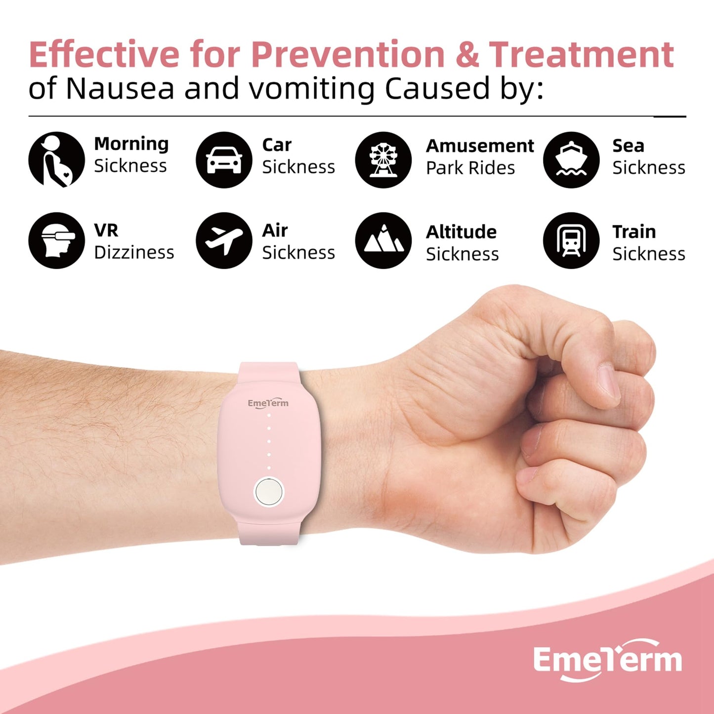 EmeTerm Fashion FDA-Cleared Relieve Nausea Electrode Stimulator Morning Sickness Motion Travel Sickness Vomit Relief Rechargeable No Gel Drug Free Wrist Bands Without Side Effects