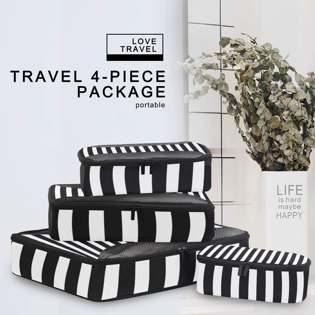 ALAZA 4 Set Packing Cubes for Travel Essentials Black White Stripes Suitcases Luggage Organizer Bags