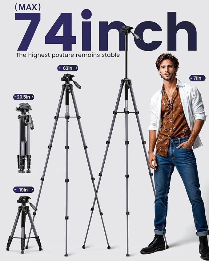 74"-Camera-Tripod, Professional Aluminum Tripod/Leg Stand Mirrorless Camera/DSLR/Cell Phone/Camcorder/GoPro, with Phone Holder and Travel Bag (Gunmetal Gray) Weight 2.8 lbs Load 8.8 lbs