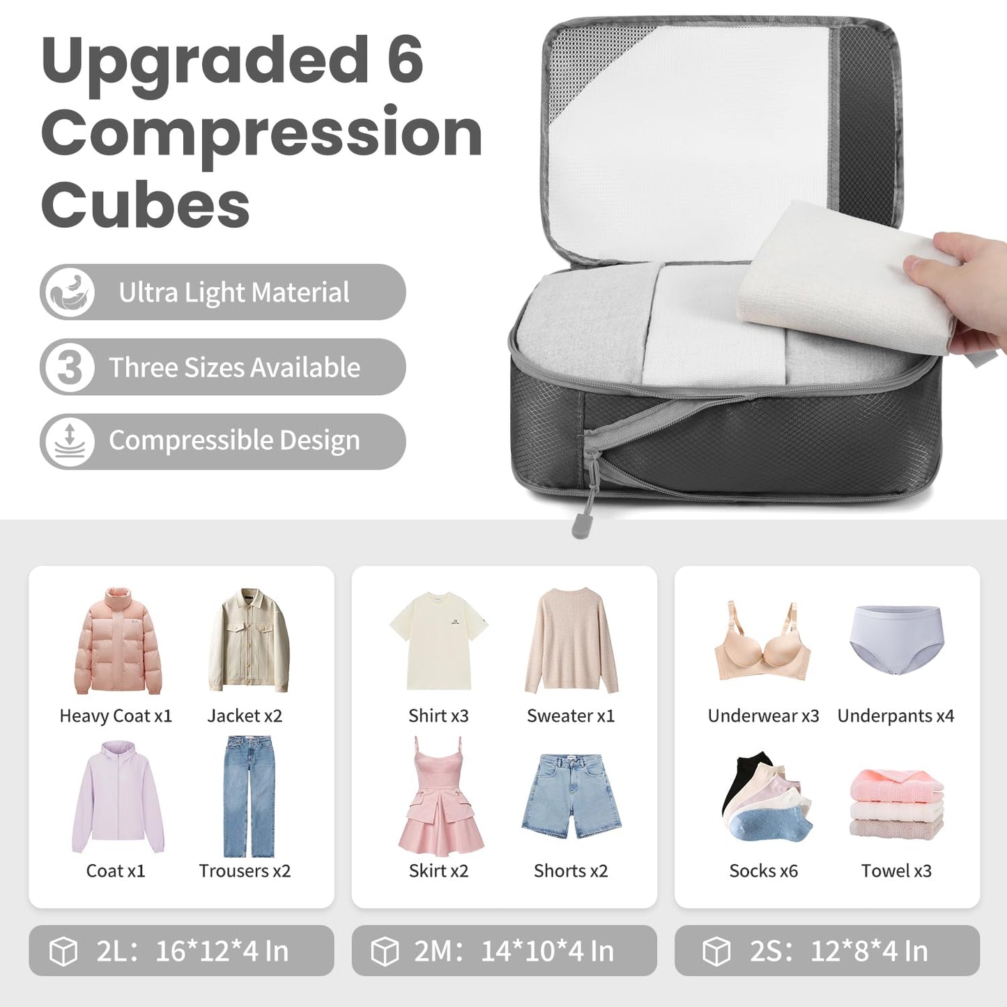 Prezon 8 Set/6 Set/4 Set Compression Packing Cubes for Travel, Lightweight Vacation Travel Essentials,Accessories for Suitcase Organizer Bags Set, Durable Luggage Organizer （6-half mesh-Grey）