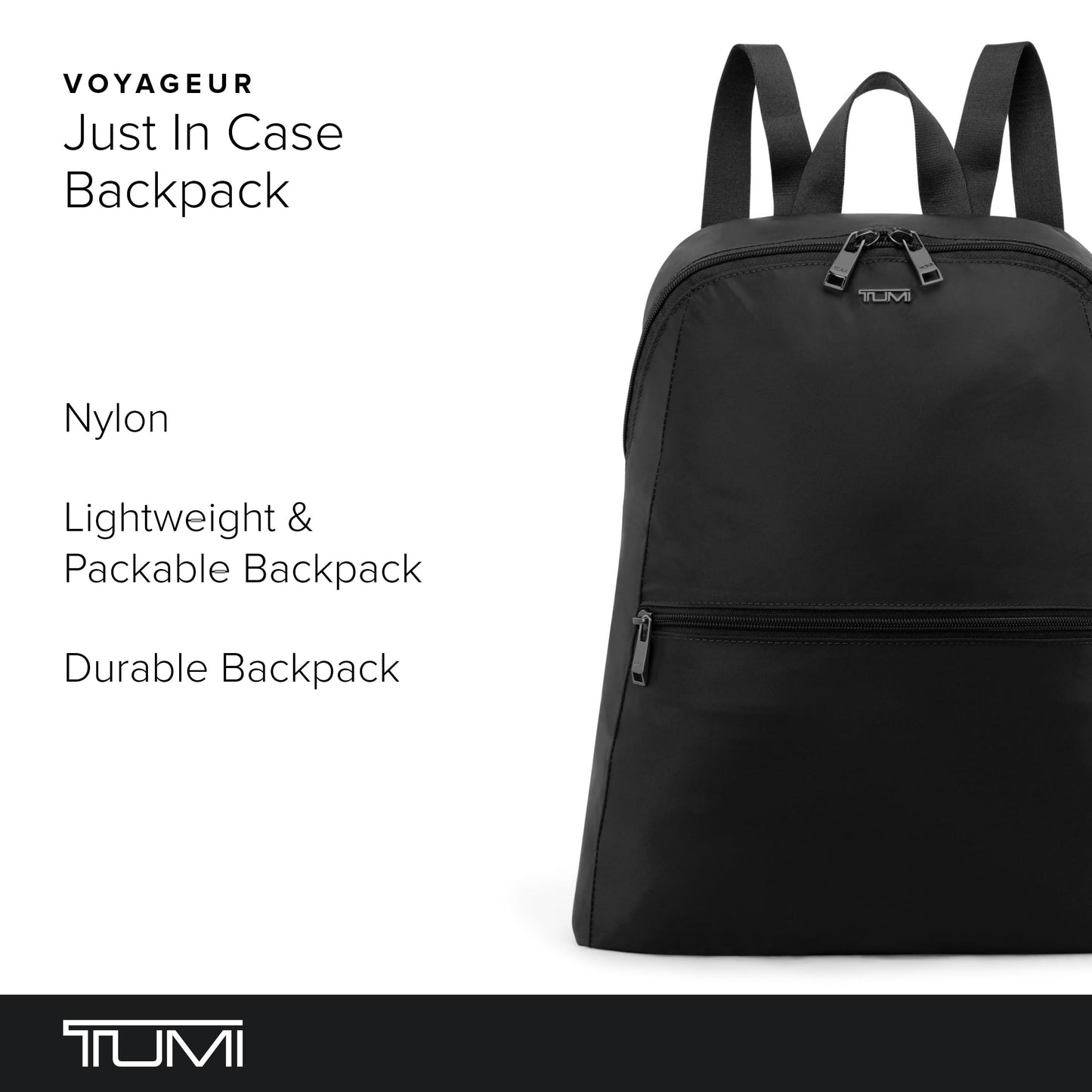 TUMI - Just In Case Foldable Backpack - Lightweight, Compact Travel Backpack - For One Bag Travel - 15.5" X 12.3" X 4.5" - Black with Gunmetal Hardware