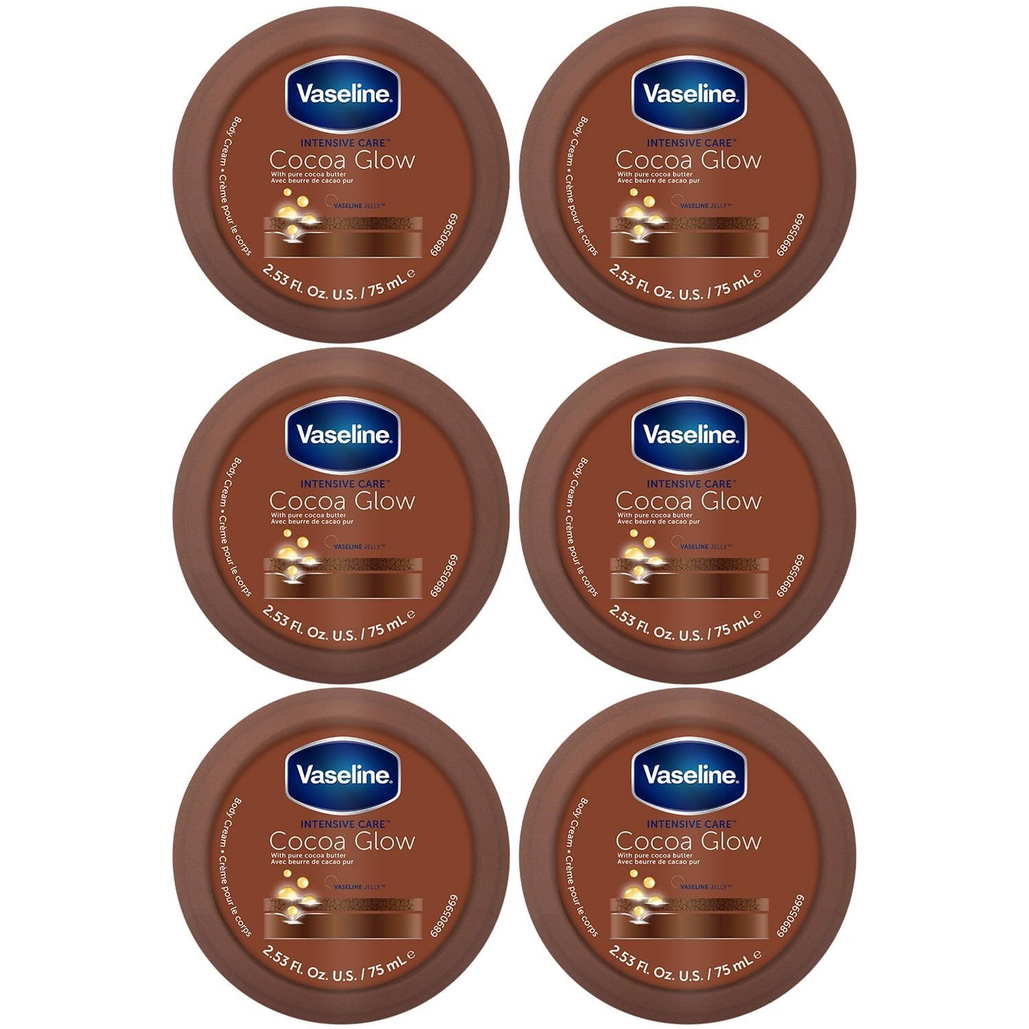 Vaseline Cocoa Glow Body Cream 6-Pack – Pure Cocoa Butter 48H Moisturizing Cream for Dry Skin, Travel-Size, 2.53 Fl Oz Ea