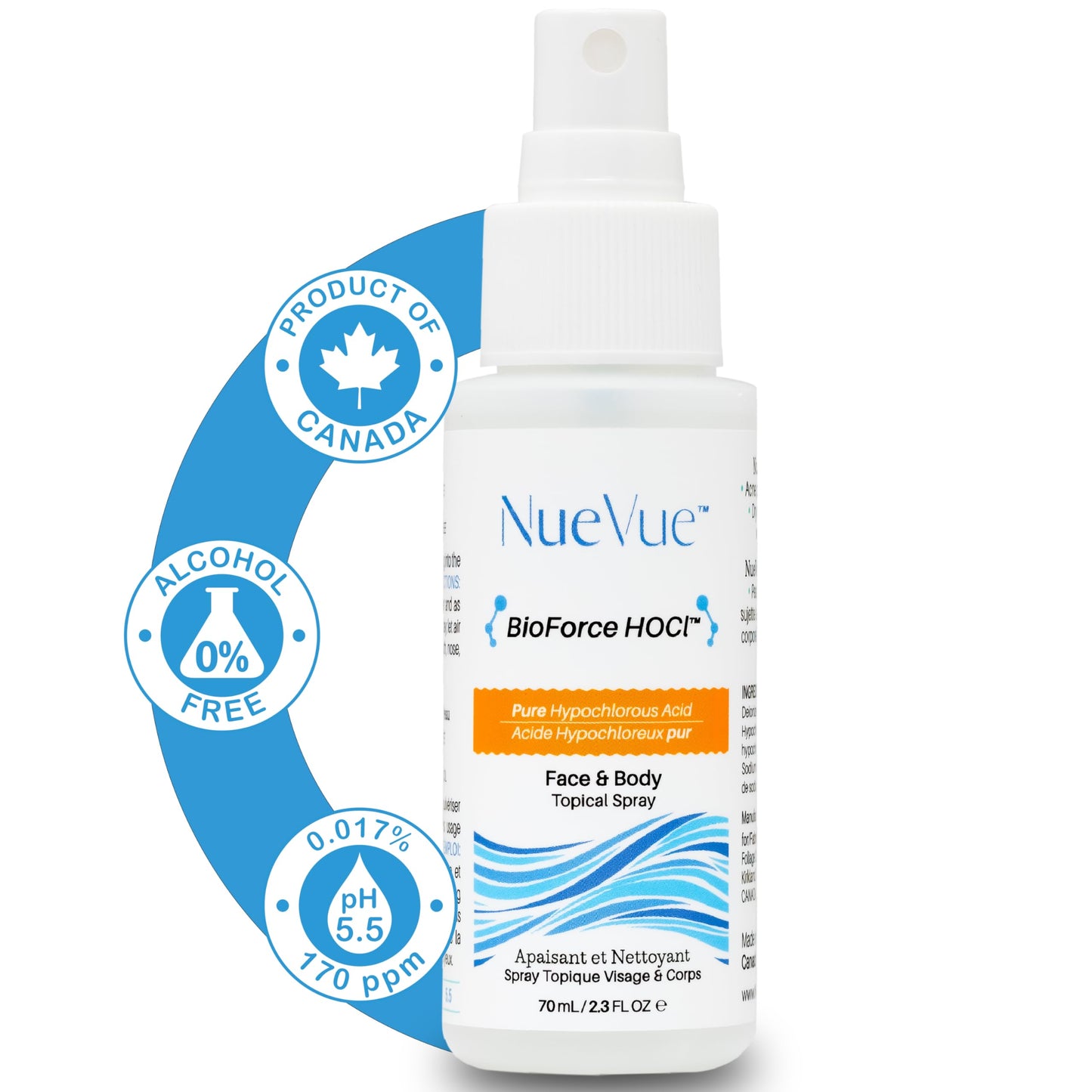 BioForce HOCl - Pure Hypochlorous Acid Spray for Face Travel Size Toner & Cleanser - Made in Canada - Acne-Prone Skin & Eczema, Piercing aftercare, pH Balanced, Non-comedogenic - NueVue (2.3 oz)