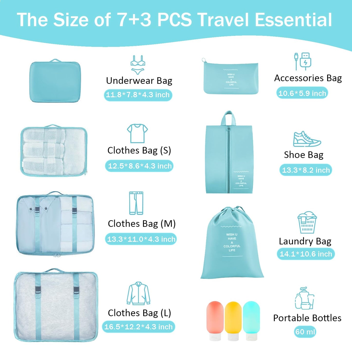 Packing Cubes - 10 Pieces Luggage Sets Waterproof Suitcase Organizer Mesh Packing Bags Clothes Shoes Cosmetics Toiletries Space Saver Storage Bags with Portable Bottles for Travel (Blue)
