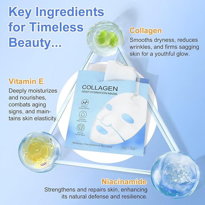 Collagen Face Mask - Overnight Hydrating Sheet Mask, Hydrogel Deep Wrapping Mask, Night Lifting Facial Masks for Women Skin Care, Restores Elasticity, Moisturizing & Firmness for All Skin Types (Skin)