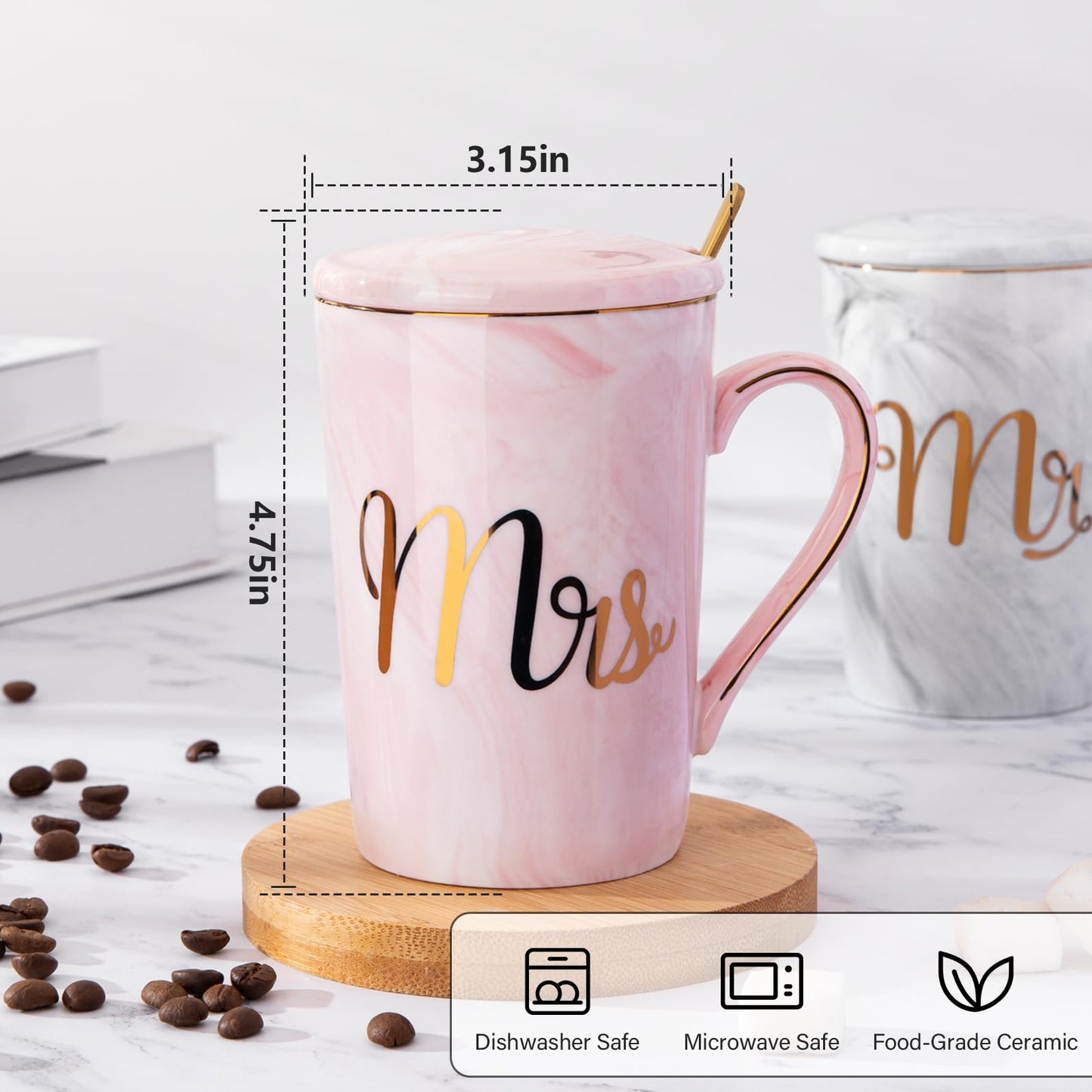 Biching Wedding Gifts for Couples 2025, Couple Gift for Anniversary - 14oz Ceramic Marble Mr and Mrs Mugs Set, Present for Bridal Shower Engagement Bride and Groom, with Greeting Card, Luxury Gift Box