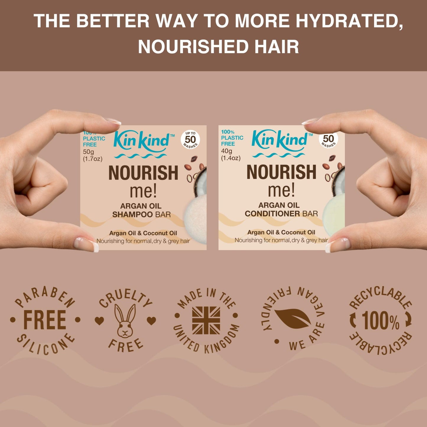 KinKind NOURISH me Travel Shampoo and Conditioner Bars. Up to 50 washes. This travel and gift set contains a soap tin for each bar. No leakage, less space, less weight.