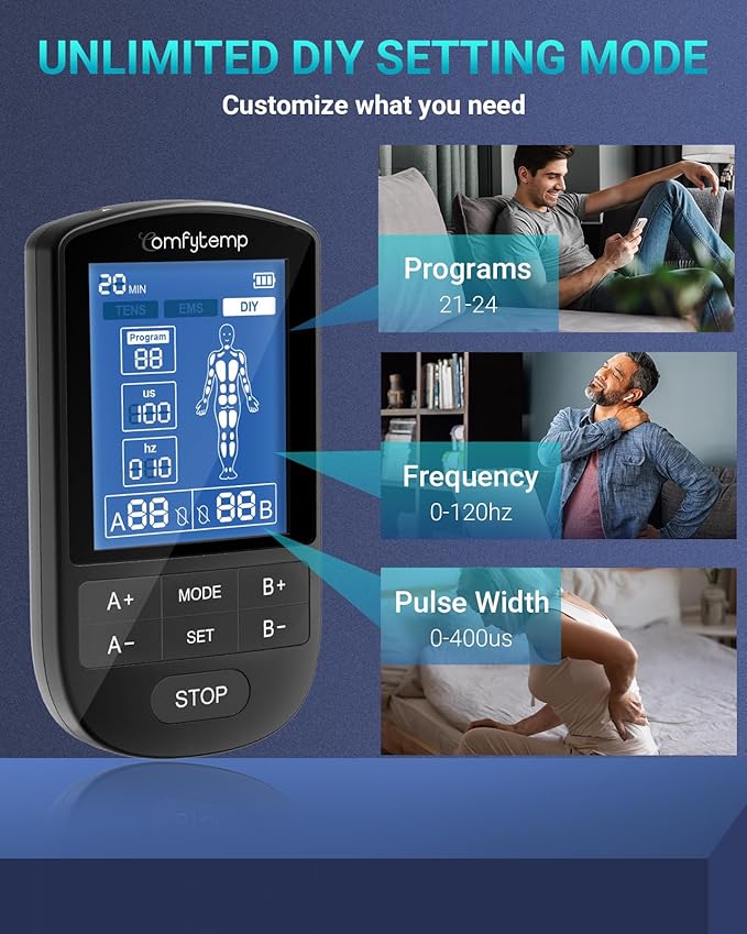 Comfytemp TENS Unit Muscle Stimulator for Pain Relief Therapy, FSA HSA Eligible TENS Machine with 24 Modes and DIY, Dual Channel EMS Unit, Pulse Muscle Massager for Back, Shoulder, Sciatica, Knee