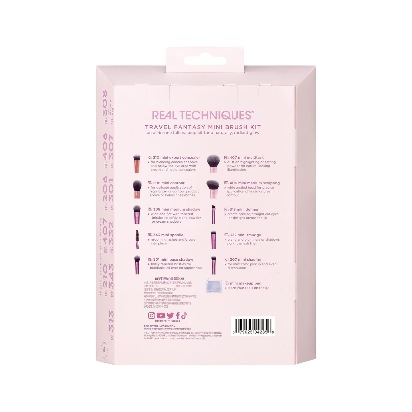 Real Techniques 11 Piece Travel Fantasy Mini Brush Set, Travel Size Makeup Brushes For Foundation Eyeshadow, Powder, Blush, Contour, & Concealer, Makeup Bag Included, Gift Set, Cruelty-Free