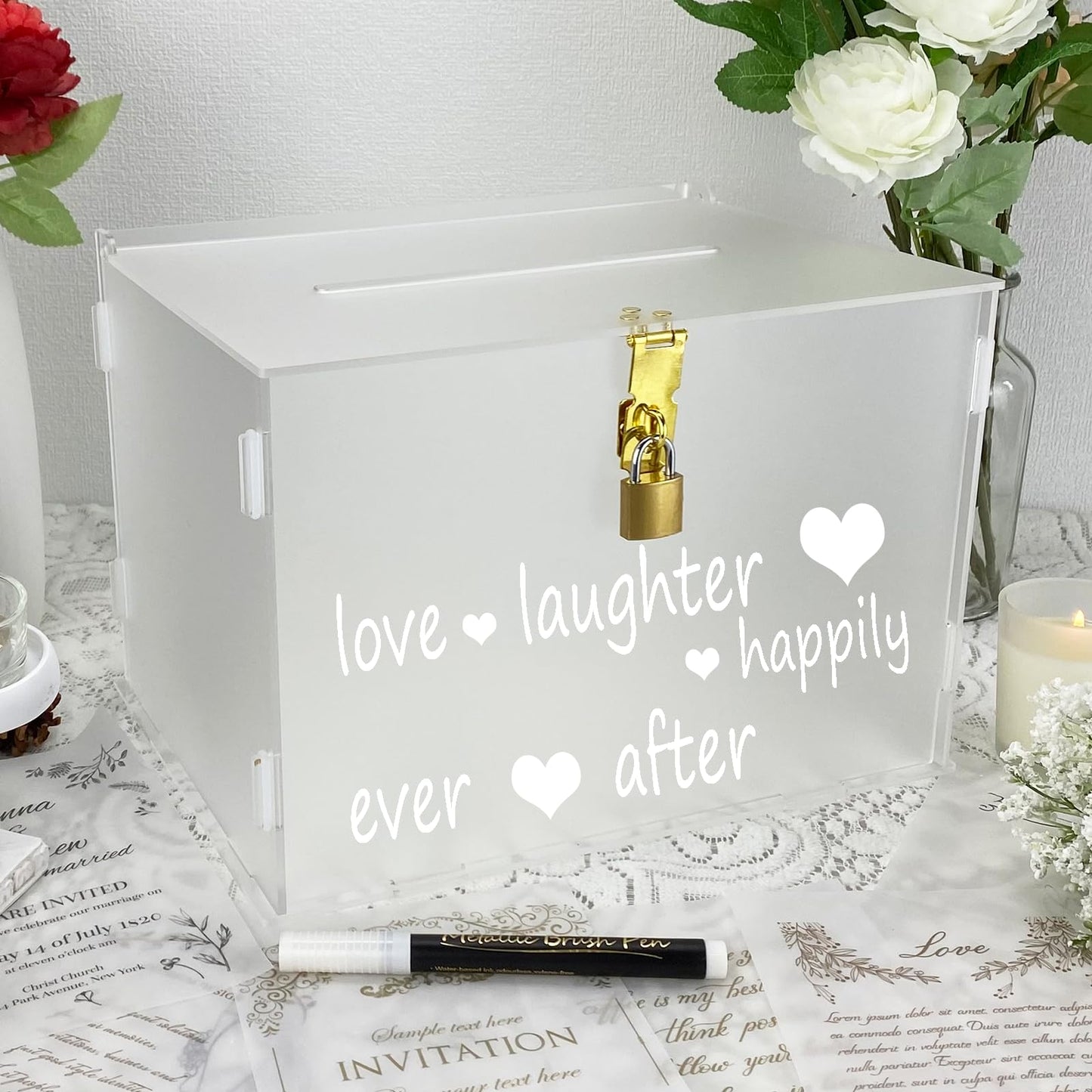 FCDECOR 11" Frosted Wedding Card Box with Lock, Acrylic Gift Card Box for Wedding Decorations for Reception, Honeymoon Fund Money Box for Bridal Shower Decorations Party Reception Anniversary