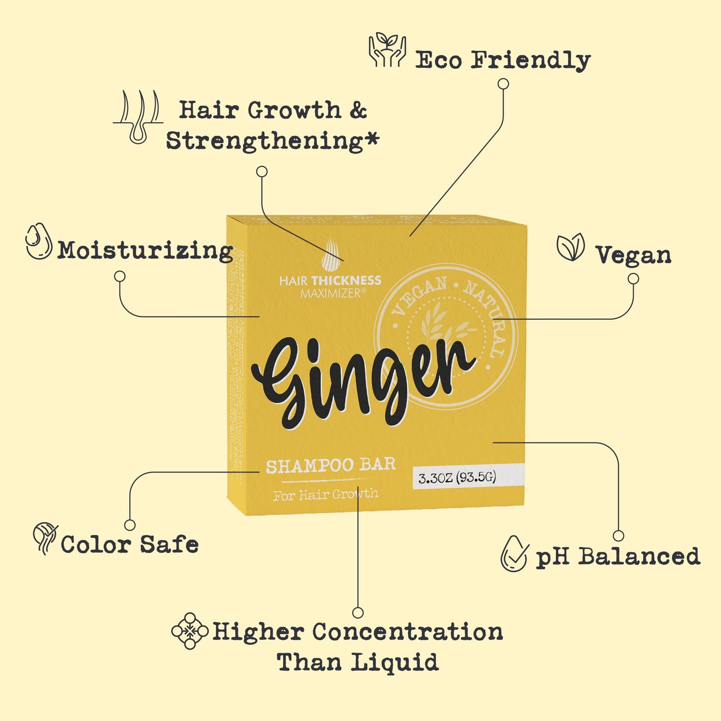 Ginger Shampoo Bar for Hair Growth, Strengthening. Ginger Oil, Rice Protein, Organic Shea Butter. Eco Friendly, Vegan. Color Safe, pH Balanced. No Harsh Chemicals. Higher Concentration vs. Liquid