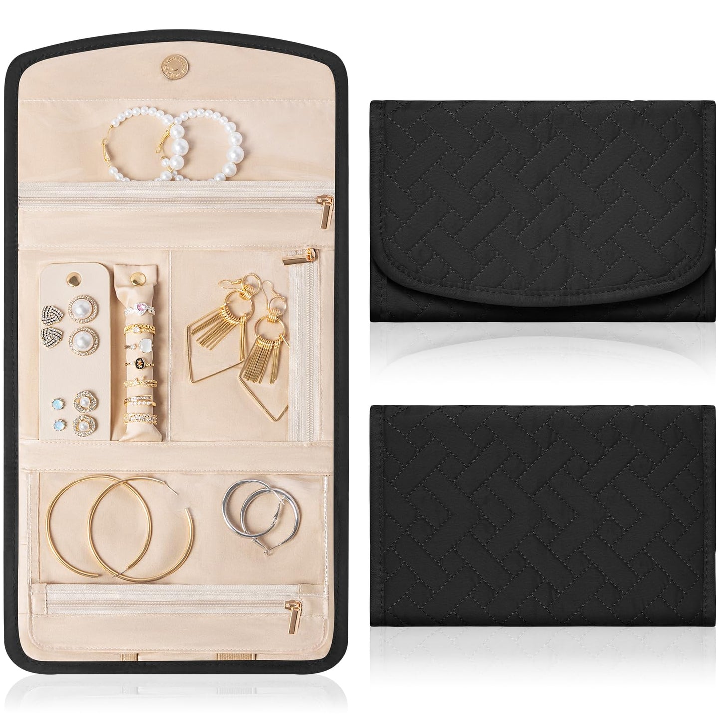 LASUK Travel Jewelry Holder Organizer Case, Foldable Jewelry Roll Storage Bag for Necklaces Rings Earrings Bracelets, Large, Black