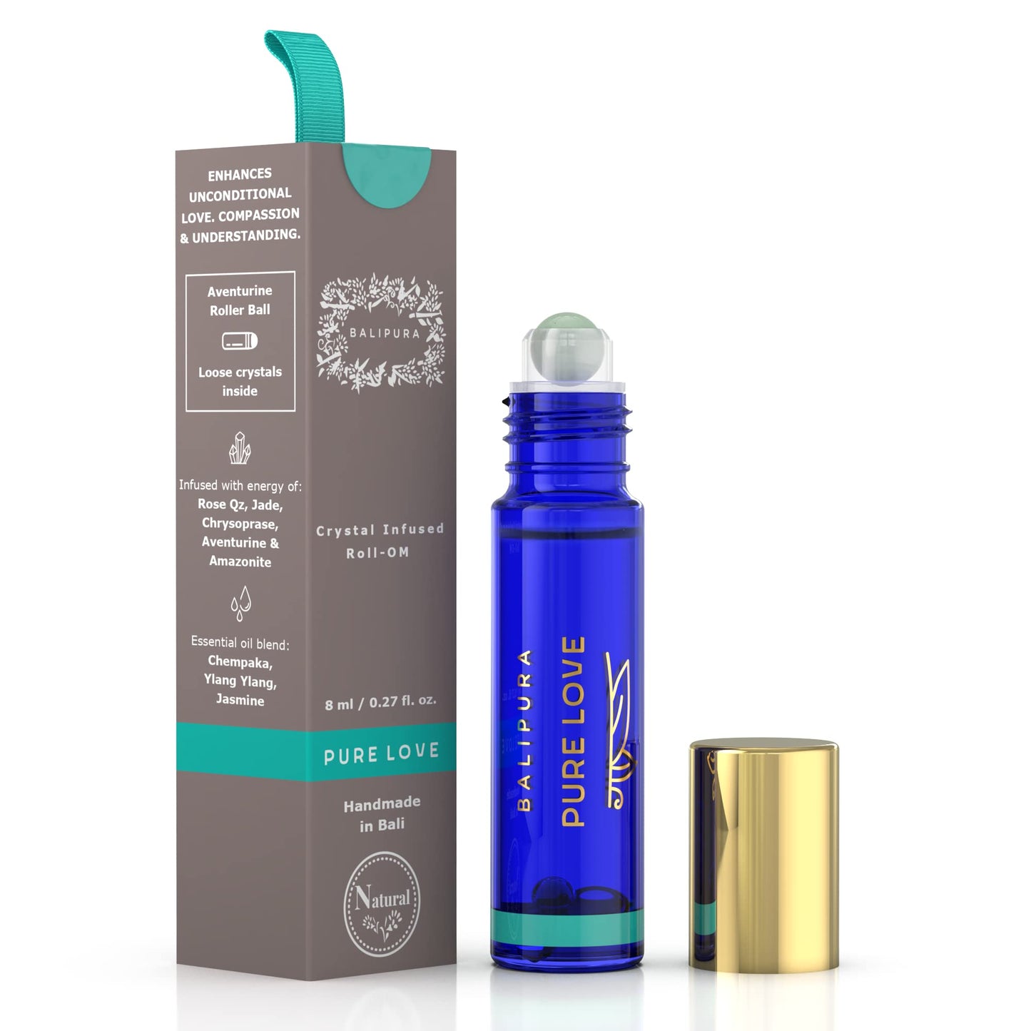 BALIPURA - Pure Love Crystal Aura Roll On - Jasmine Essential Oil with Love Rose Quartz Crystals - Essentail Oils for Body - Calming Essential Oils Roll On - Valentines Day Gift for Women - 0.34 floz