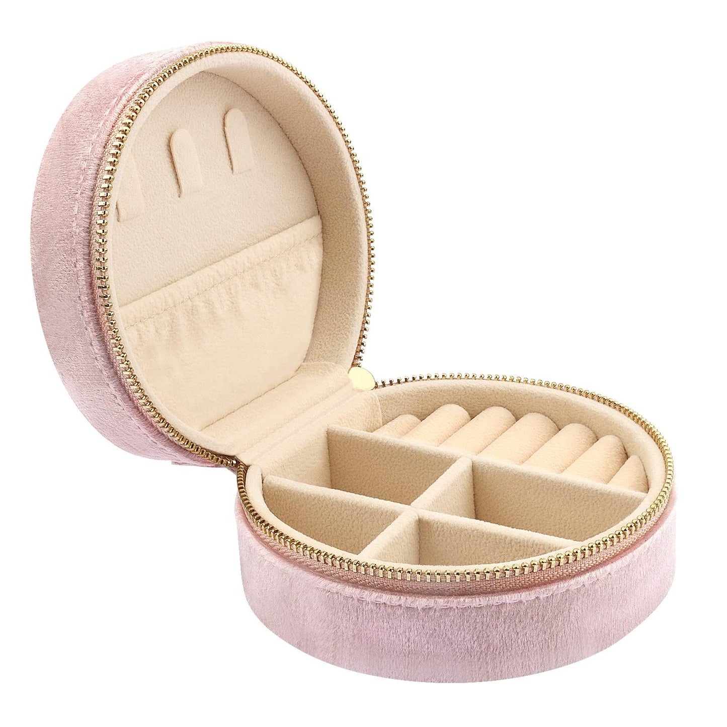 DesignSter Travel Jewelry Box - Velvet Mini Jewelry Organizer, Small Jewelry Case for Girls Women, Jewelry Storage Box for Rings Earrings Necklace (Circular, Lotus Pink)