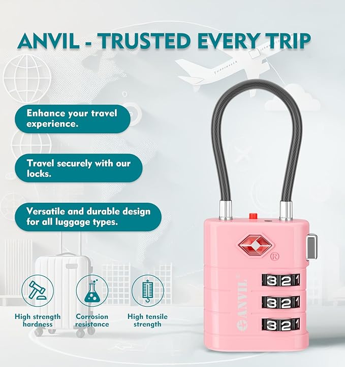 ANVIL TSA Approved Luggage Locks – High Security TSA008 Combination Travel Locks with Inspection Indicator for Suitcases and Backpacks. (3, Pink)