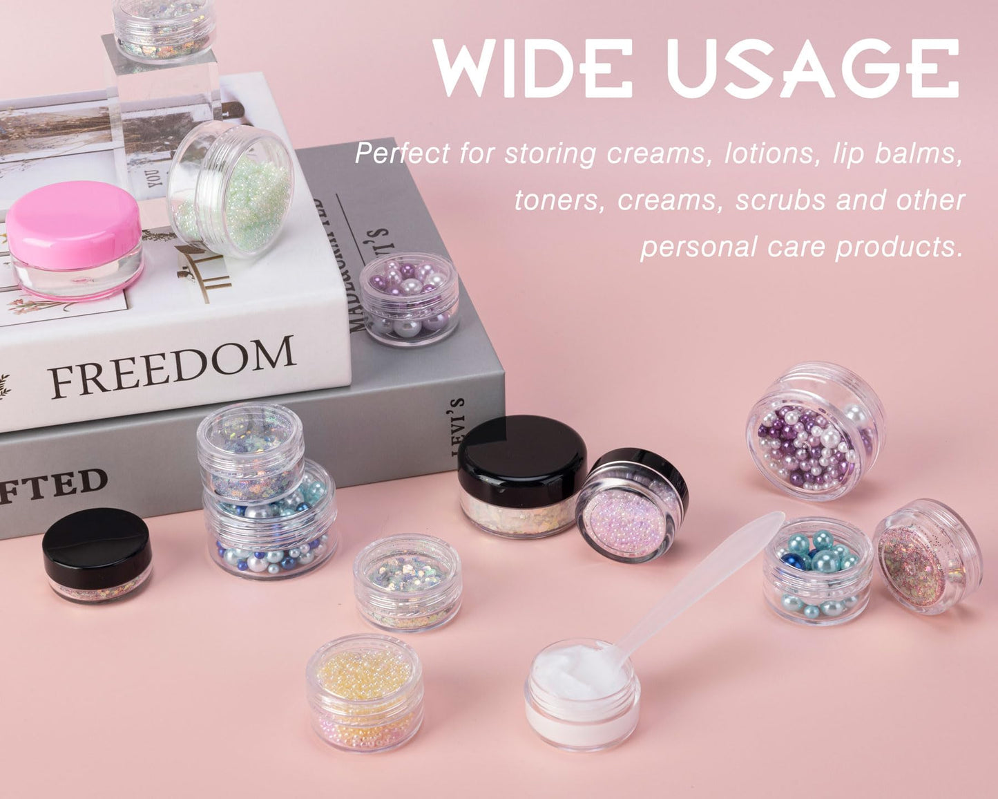 200 Count 3 Gram Sample Containers, Clear Lip Balm Containers with Lids, Small Plastic Sample Jars with 12 Mini Spoons, 200pcs Labels (Pink Lid)