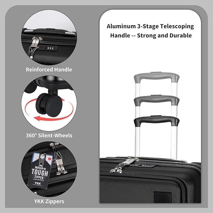 20 inch Small Carry On Luggage Front Open with Laptop Pocket, ABS+PC Hard Shell Suitcase with Spinner Wheels TSA Lock & YKK Zipper, 20in/Toiletry Bag/Handbag, Black