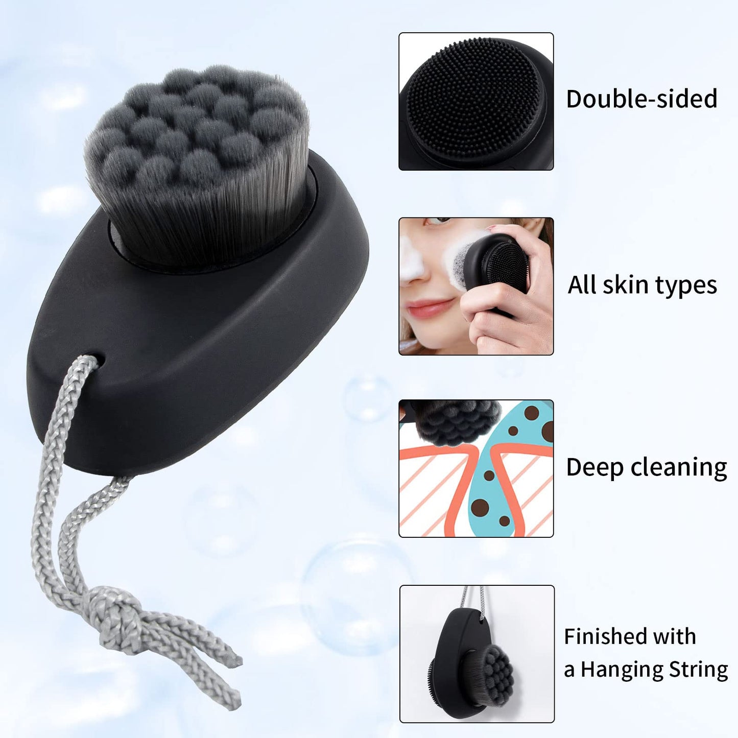 Beomeen 2 Pack Facial Cleansing Brush 2 in 1 for Face Exfoliation, Soft Bamboo Charcoal Microfiber Bristle Dual Face Silicone Scrubber Brush for Pore Deep Cleansing Skincare with Lid, Black+Gradient