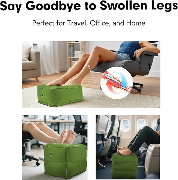 Inflatable Foot Rest Pillow for Travel, Adjustable 3 Layers Height Cushion Kids/Adults Airplane Travel Pillow, Suitable for Office, Home, Trains, Cars - Green