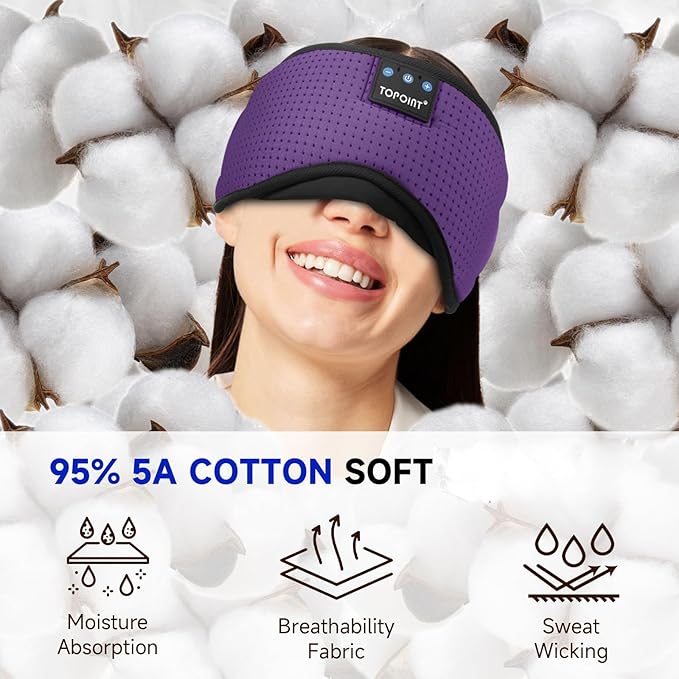 TOPOINT Sleep Mask Headphones Bluetooth Wireless 5.4, Breathable Cotton Eye Mask for Sleeping Side Sleepers Travel Music Headsets with Microphone Handsfree Men Women