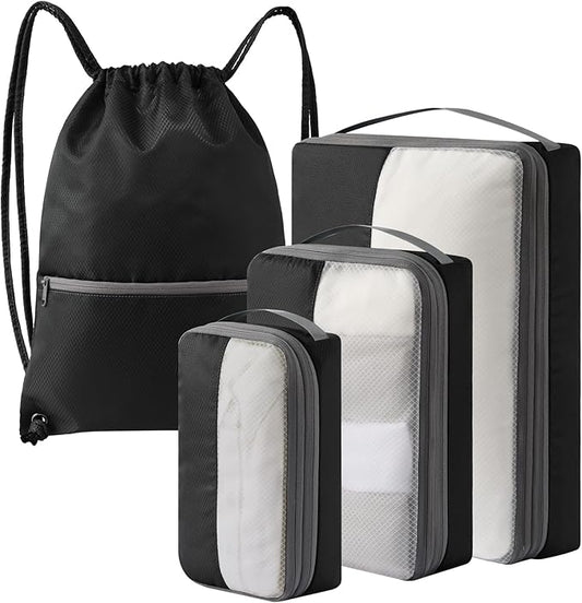 4 Set Compression Packing Cubes for Travel, Bonus Versatile Drawstring Backpack, Lightweight Luggage Organizer Bags, Sturdy Travel Accessories for Suitcase, Black