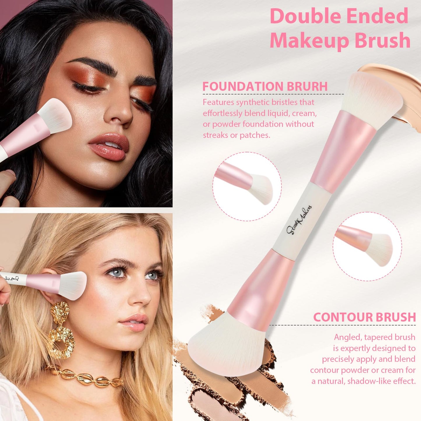 START MAKERS Makeup Brushes 5Pcs Dual Ended Pink Makeup Brush Set for Foundation Blush Bronzer Concealer Contour Powder Highlight Eyebrow Eyeshadow Blending, Travel Makeup Brushes with Bag