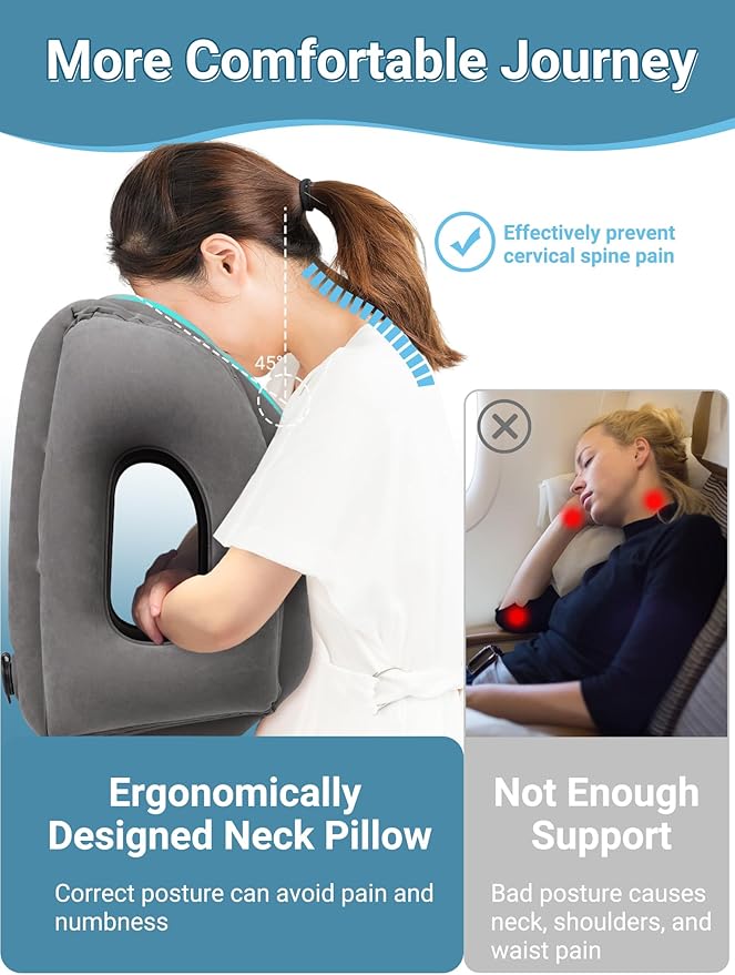Maliton Inflatable Travel Pillow for Airplane Comfortable Sleeping to Relieve Neck and Shoulder Pain, Support Head Inflatable Pillow for Long Flights, Used for Airplanes, Cars, Trains(Dark Grey)