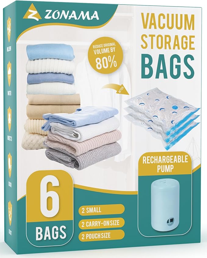 Vacuum Storage Bags with Electric Pump, 6 Pack Vacuum Sealed Bag with 1500mAh Rechargeable Battery for Clothes, Blanket, Duvets, Pillows, Comforters, Travel