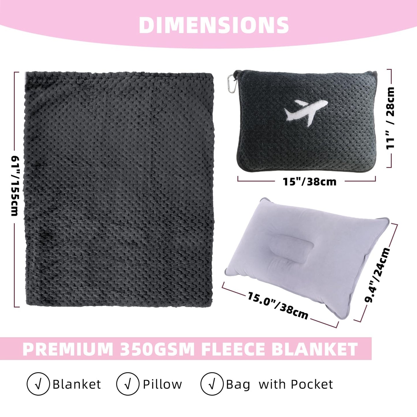 Nenolix 3 in 1 Travel Blanket Pillow Set - 350 GSM Thick Travel Blanket Airplane Compact with Bag, Soft Bag with a Pocket, Inflatable Travel Pillow for Camping & Car Trip (Dark Grey)