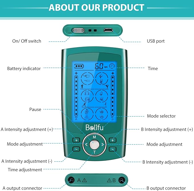 Belifu Dual Channel TENS EMS Unit with 12 Pads, 24 Modes Muscle Stimulator, Electronic Pulse Massager Muscle Massager for Pain Relief Therapy, Fastening Cable Ties, Dust-Proof Drawstring Storage Bag