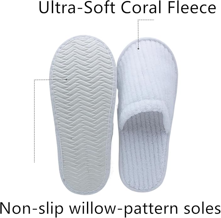 20 Pairs White Disposable Slippers, SPA Hotel Slipper for Women and Men, Closed Toe Soft Coral Fleece Slippers for Guests, Non-Slip Slipper for Travel Home Salon