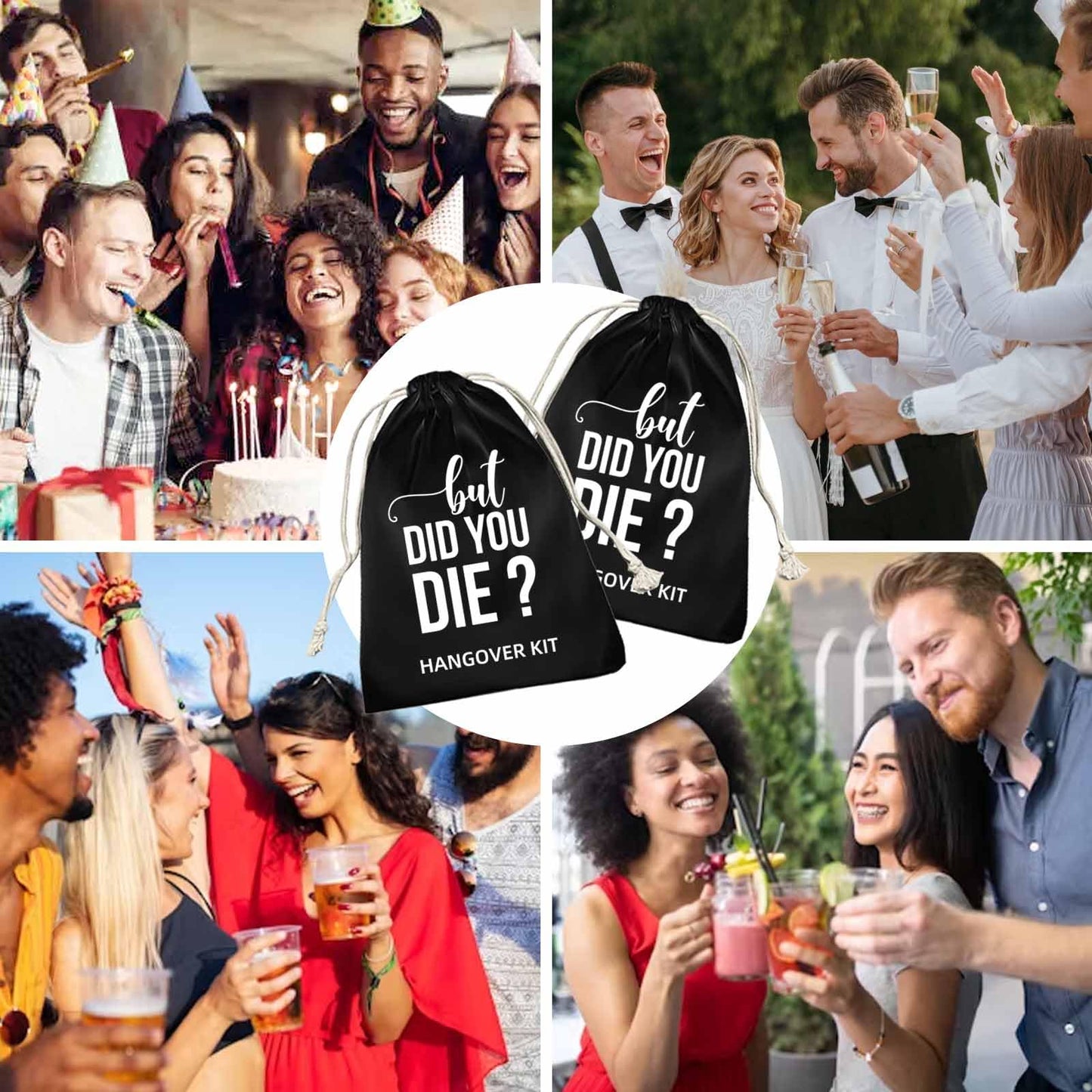 XIKAINUO Set of 10 Funny Cotton Muslin Drawstring kit Black Bags - But Did You Die, Bachelorette Hangover Survival Kit Engagement Wedding Party Bridal Shower Recovery Kit Gifts