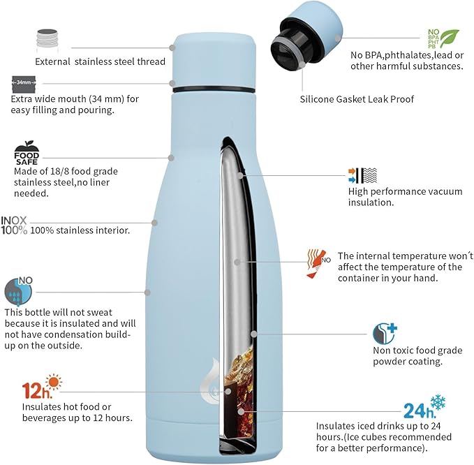 BJPKPK Insulated Water Bottle 12oz Small Stainless Steel Water Bottles Reusable Metal Thermal Keep Cold and Hot,Sky Blue