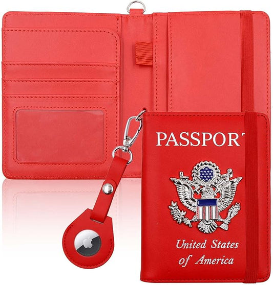 Cnycmy Passport Holder with Airtag slot,Passport-Wallet-Holder for Women,for Family, Rfid Passport Book Card Slot Waterproof, passport holder for travel (red1)