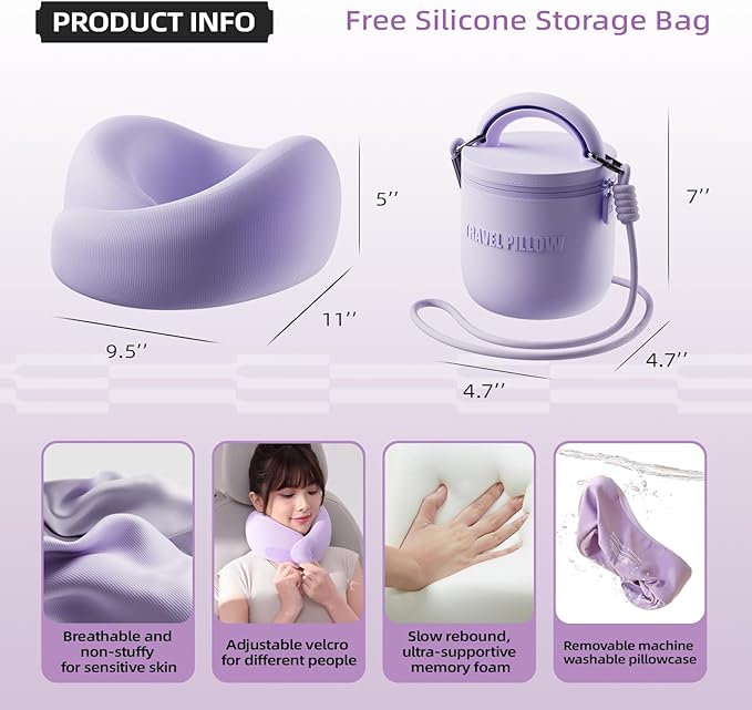 Travel Pillow - Memory Foam Neck Pillow Airplane, Neck Travel Airplane Pillow for Long Flight, 360º Support, Machine Washable (Purple)