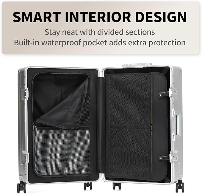 26 Inch Zipperless Checked Travel Luggage with Spinner Wheels,Aluminum Frame Hard Shell Front Pocket Suitcase with Compartment TSA Approved USB Port,Cup & Phone Holder for Women Men,Silver