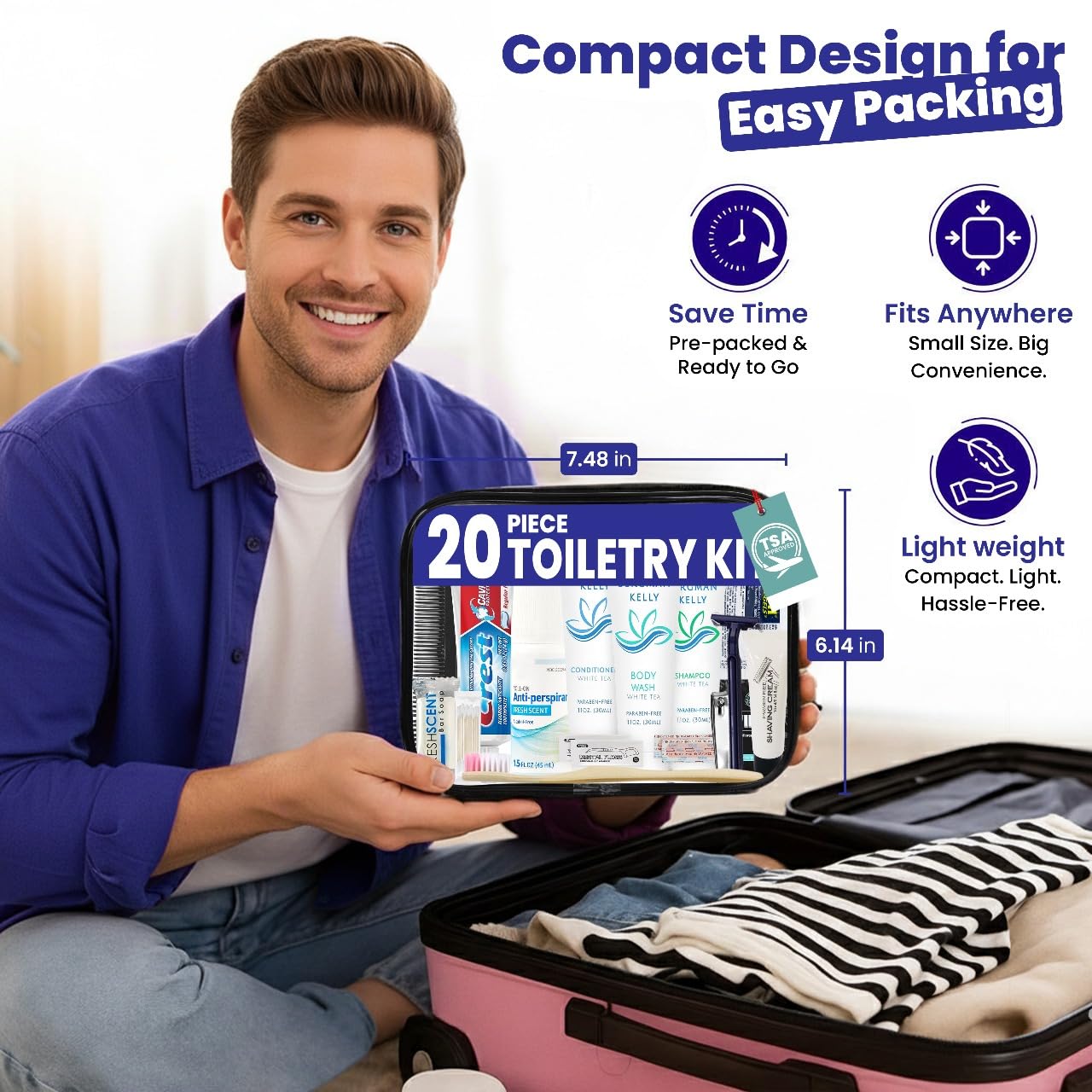 Trektote Travel Toiletry Kit for Men and Women – 20 Piece Set of Travel Size Toiletries, TSA Compliant, Includes Shampoo and Conditioner, Body Wash, Toiletry Bag & More