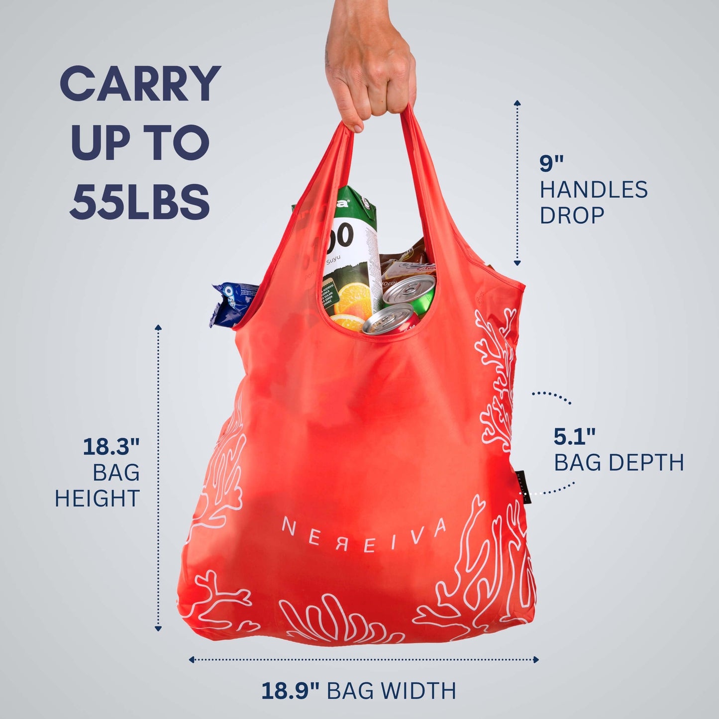 Nereiva 55 Pound Reusable Shopping Bag Coral Pink - Foldable into a Small attached Pouch - Reinforced Handles - Washable Reusable Grocery Bag, Durable Packable Tote for Travel, Shopping and Groceries.