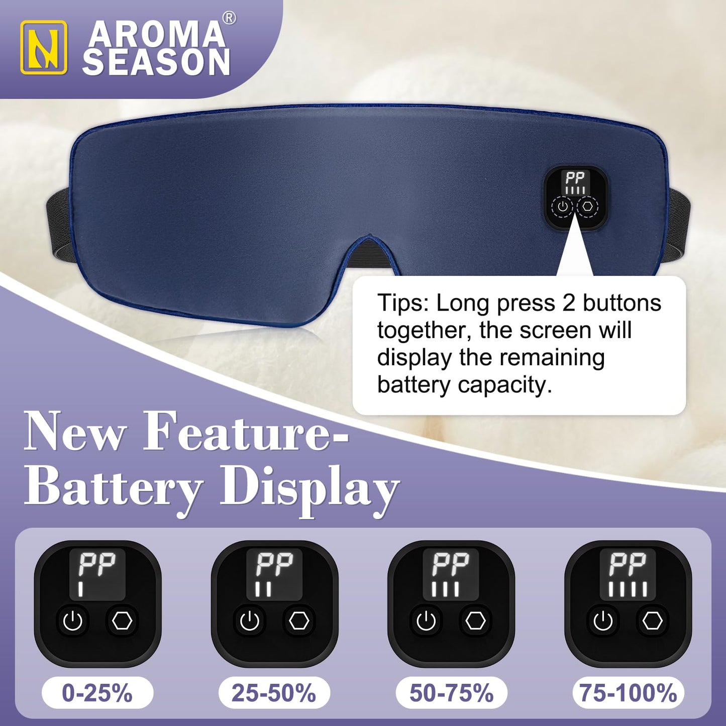 Aroma Season Silk Heated Eye Mask Cordless, 1500mAh Warm Eye Compress for Dry Eyes, Blepharitis, 4 Time Levels and 4 Temperature Settings, Washable (Navy Blue)