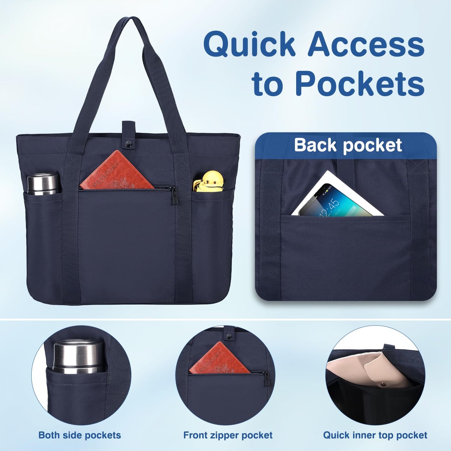 Voova Tote Bag for Women, Large Capacity Tote Bag with Zipper, Foldable Shoulder Bag Handbag for Work,Travel,Shopping,Beach, Navy Blue