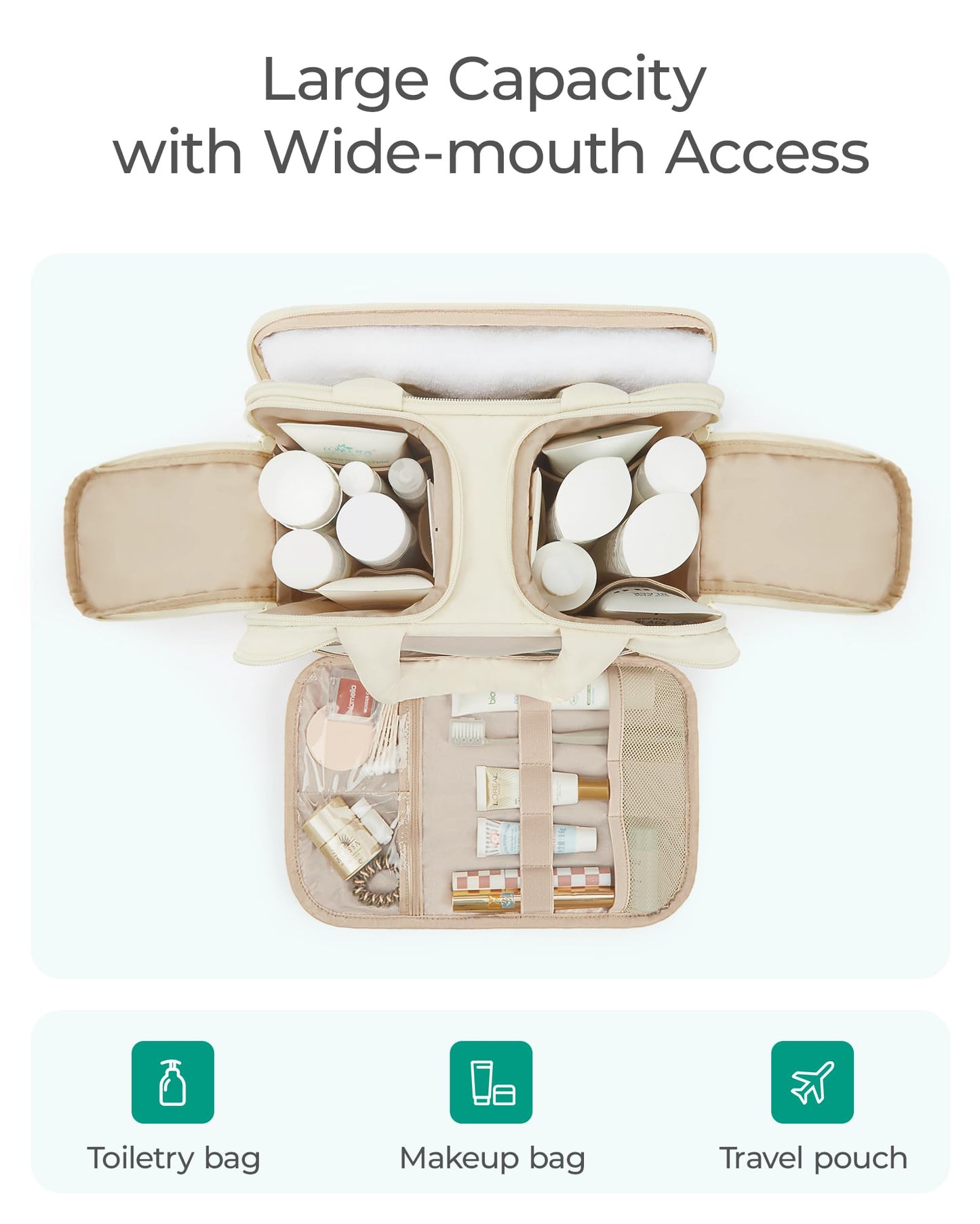 BAGSMART Travel Toiletry Bag, Puffy Large Toiletry Bag for Women, Lightweight Cosmetic Makeup Bag Organizer with Handle for Traveling, Accessories, Essentials, Toiletries （Beige