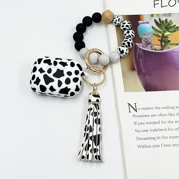 Compatible with Airpods Pro Soft Silicone Case Cover with Bracelet Keychain for Apple Airpod Pro 1st Generation Case for Women (Cow)